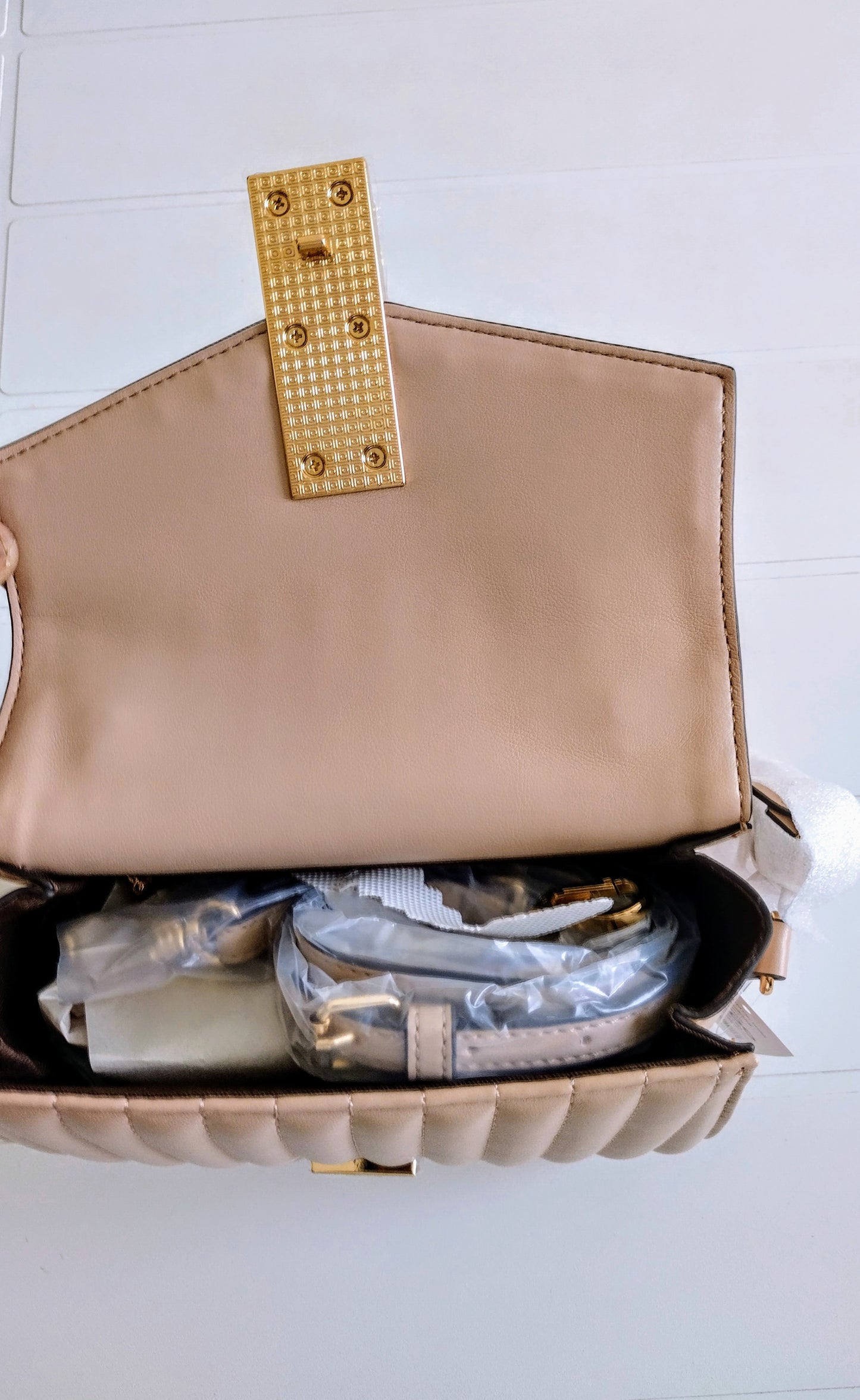 Beige handbag with gold clasp on a white background